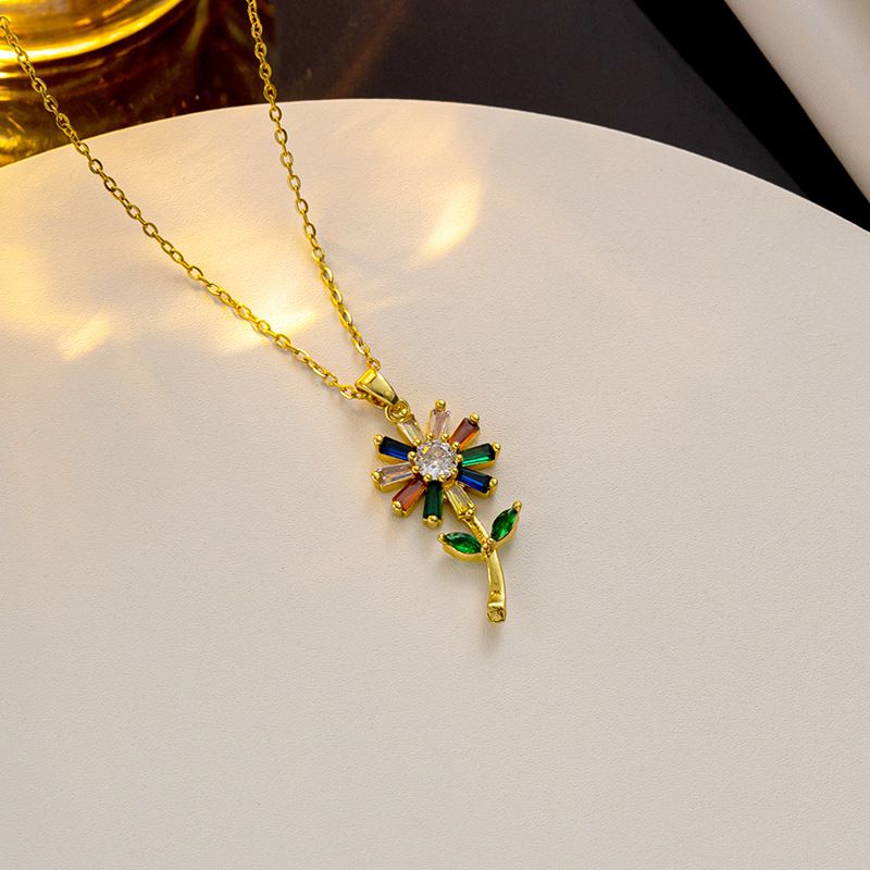 Collier avec pendentif en forme de fleur de tournesol en zircon et diamant pour femme, chaîne minimaliste et unique_voghion.com