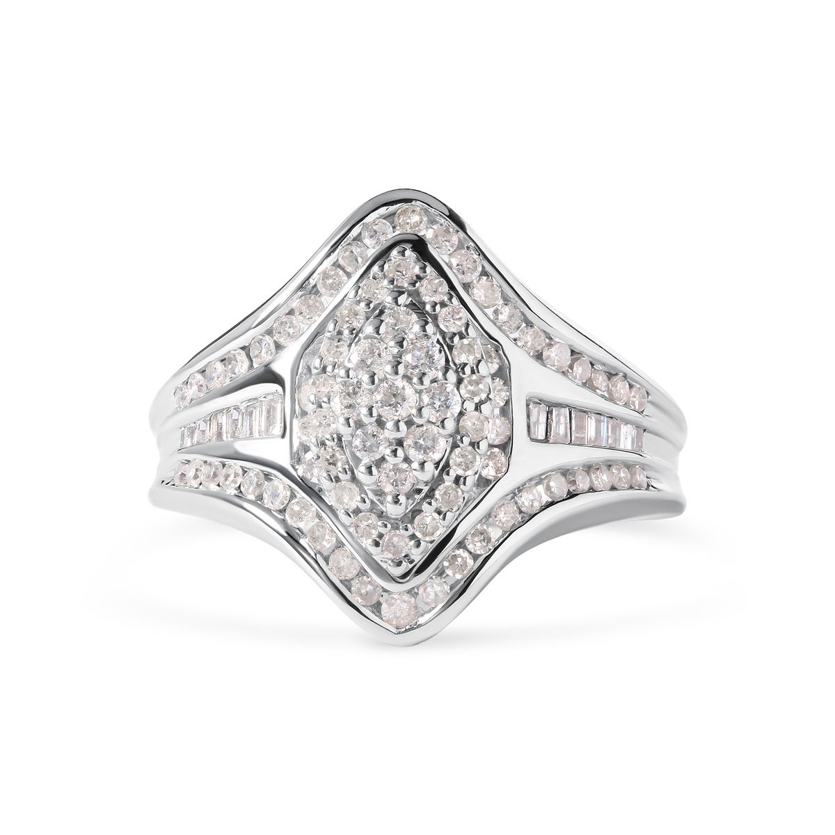14K White Gold 3/4 Cttw Round and Baguette cut Diamond Cluster Ring (H-I Color, I1-I2 Clarity)_voghion.com