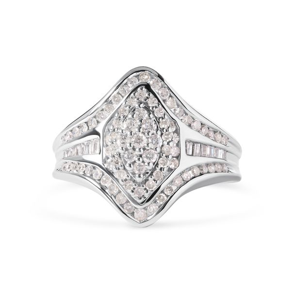 14K White Gold 3/4 Cttw Round and Baguette cut Diamond Cluster Ring (H-I Color, I1-I2 Clarity)_voghion.com