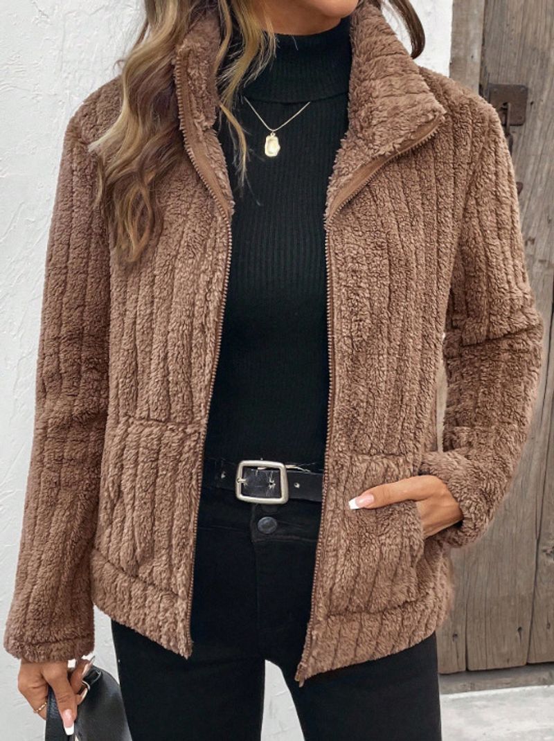 Cardigan in pile di peluche da donna - Giacca invernale in velluto a coste testurizzato con cerniera e collo oversize | Maglione retrò accogliente (palette marrone e neutra)_voghion.com