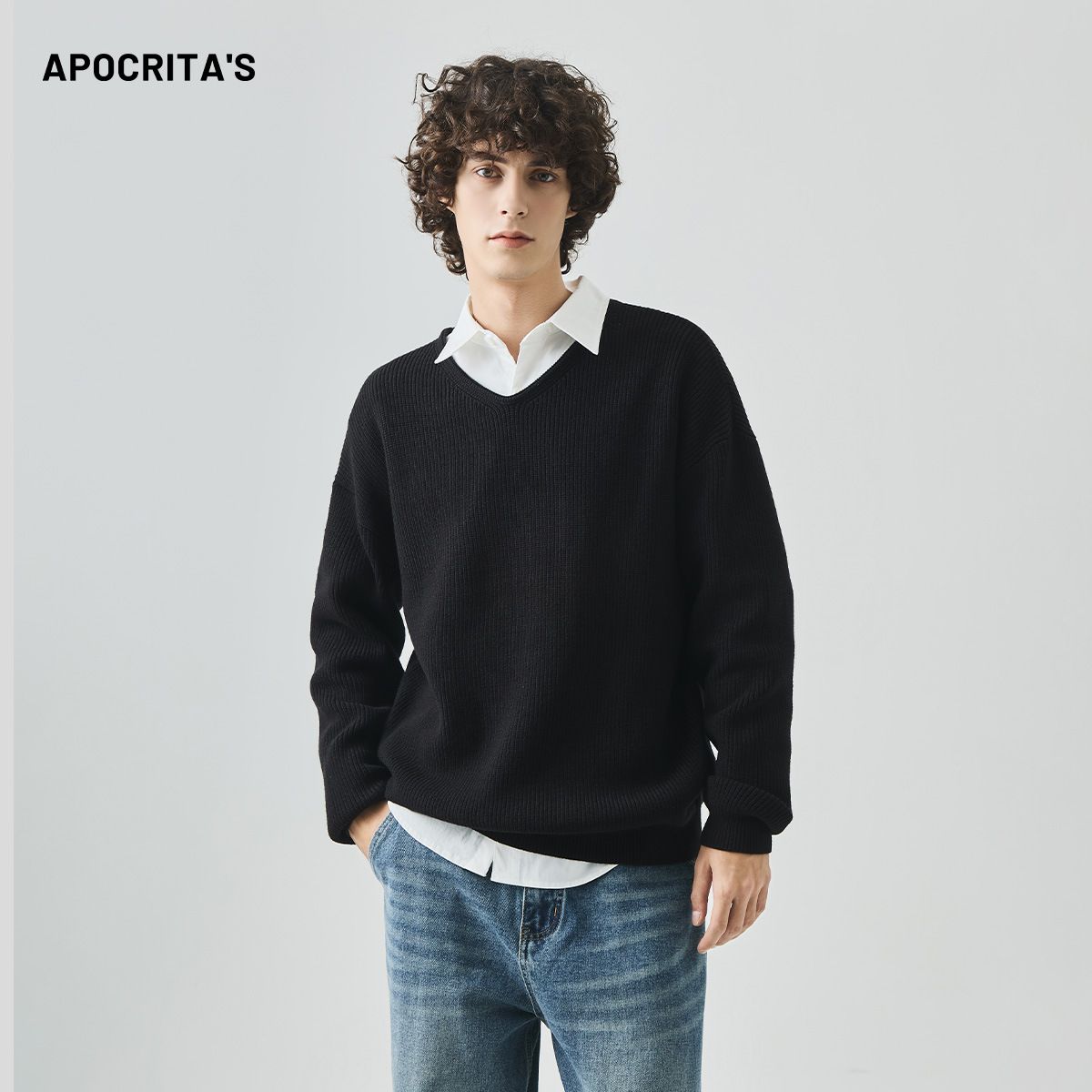 Vêtements APO | Pull col V pour homme, style décontracté, ample, manches longues, en tricot, automne_voghion.com