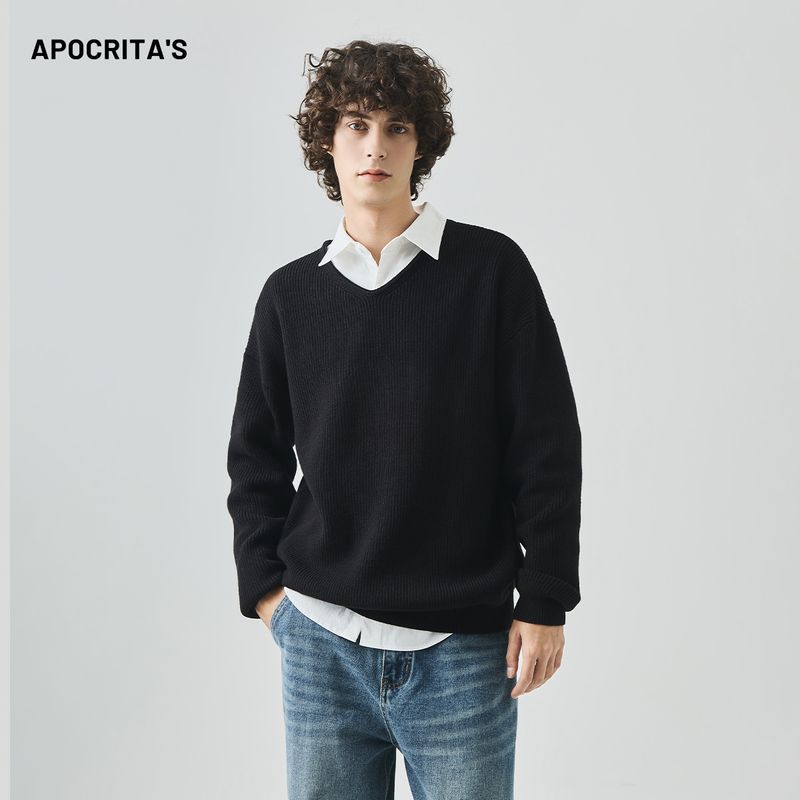 APO Kleidung | V-Ausschnitt Pullover Herren Herbst Casual Loose Lazy Style Casual Langarm Strickshirt Top_voghion.com