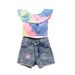 Mother&Kids Set estivo per ragazza con jeans strappati a una riga e tinta unita, dolce set in due pezzi_voghion.com