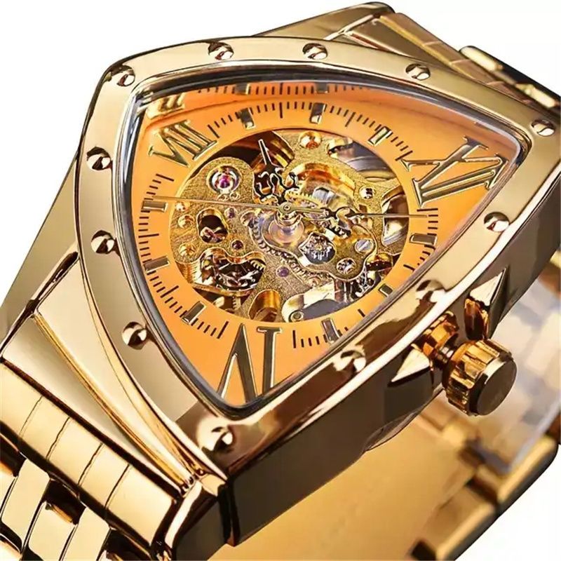 FORSINING 395 Nouvelle Arrivée Hommes Squelette Automatique Mécanique Or Vintage Homme Montre Triangle Montres-bracelets Horloge Meilleur Cadeau Pour Hommes_voghion.com