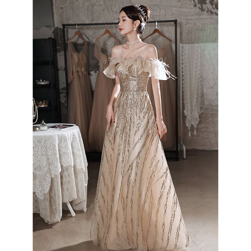 Rochie de seară pentru femei, de lux, cu imprimeu de banchet, pentru petreceri, ziua de naștere, culoare șampanie, deschisă la culoare, rochie de gazdă de nișă_voghion.com