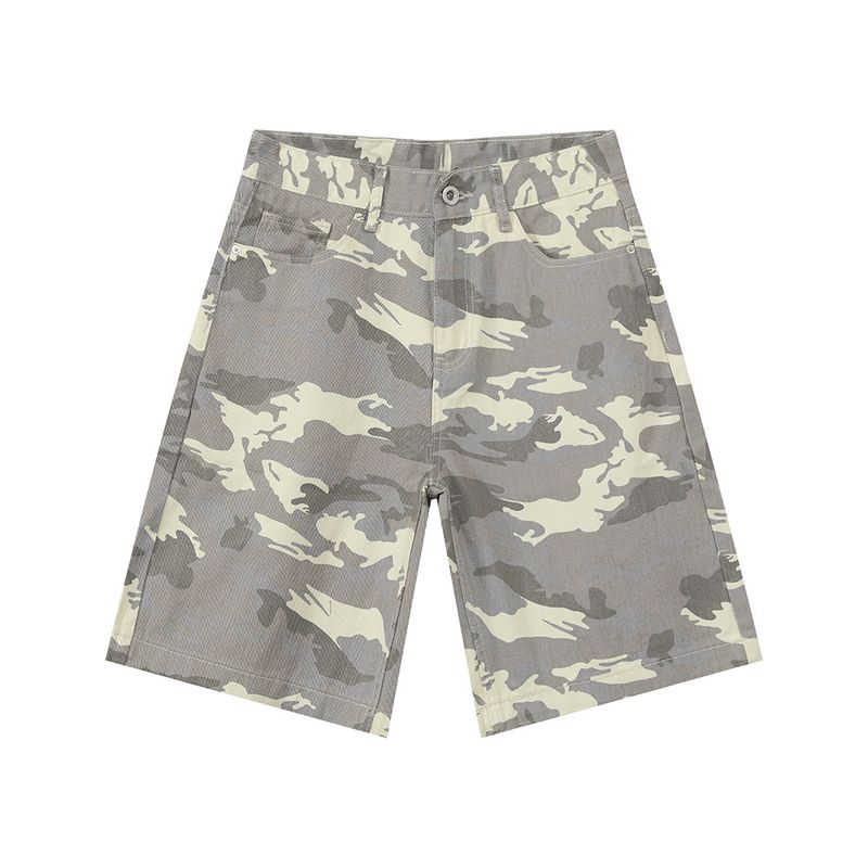 Pantaloncini casual a gamba larga mimetici da uomo, versatili, in denim lavato, di tendenza_voghion.com