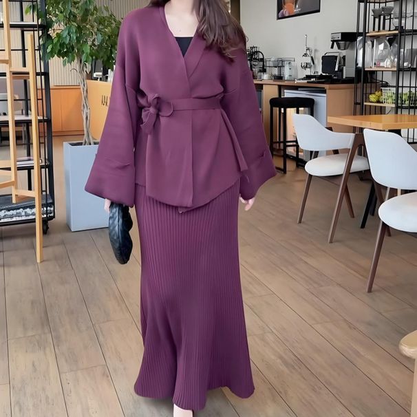 Women's Clothing Autumn And Winter New V Neck Tie Wide Sleeves Temperament High Waist Half Length Sweater Skirt Suit_voghion.com