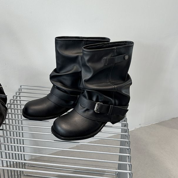 Western Jeans Tube Short For Women 2025 New Autumn Thick Heel Ruched Slouch British Style Martin Boots_voghion.com