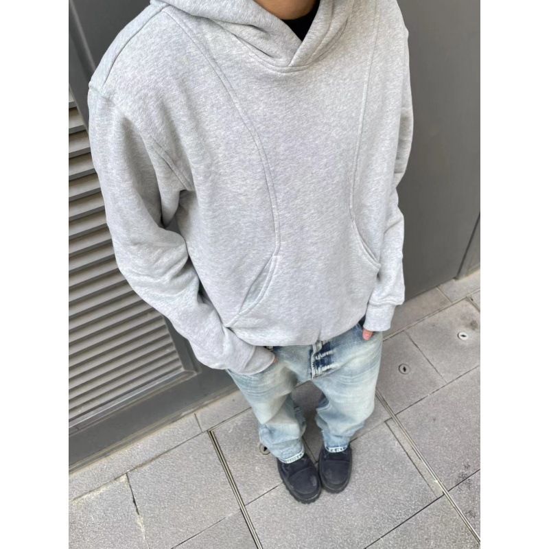 Abbigliamento maschile Felpa con cappuccio in velluto grigio più spesso, giacca con silhouette decostruita, cuciture in tinta unita, felpa corta con cappuccio per uomo e donna_voghion.com