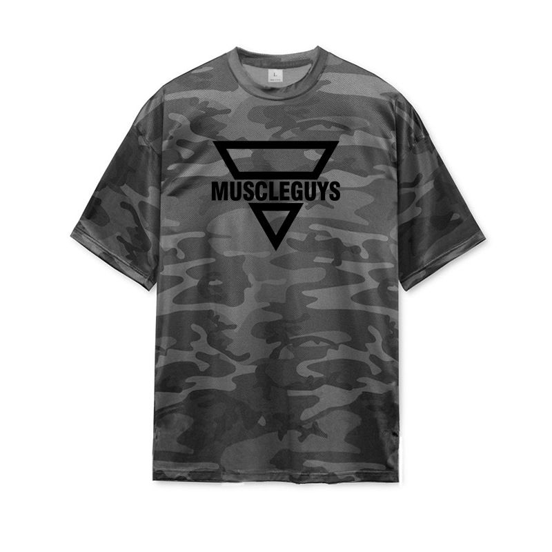 Men's sports short sleeve quick dry mesh base bodybuilding camouflage top loose T-shirt_voghion.com