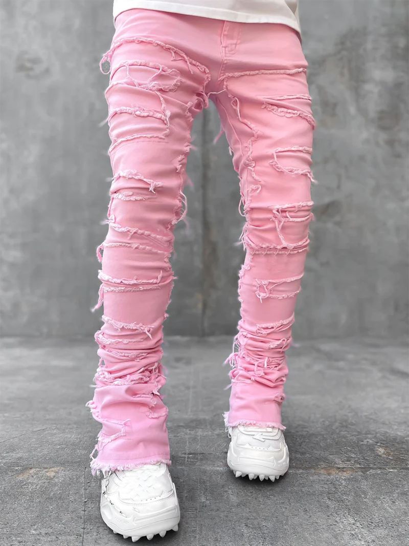 Men's New Denim Straight Leg Pants Fashion Ins Elastic Patch Denim Pants_voghion.com