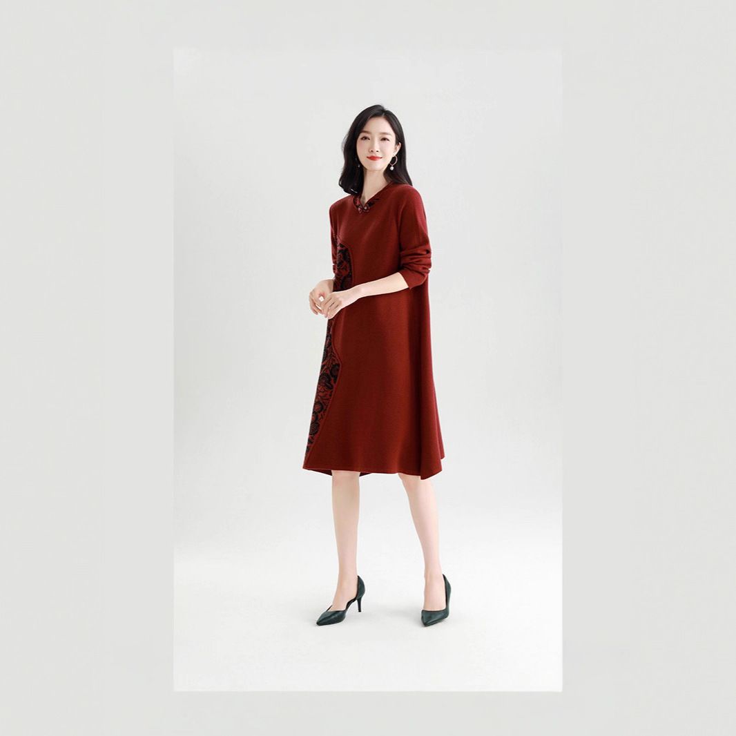 GraceChic Herbst 2025: Eleganter, mittellanger Mantel mit Rundhalsausschnitt, langen Ärmeln und Jacquard-Strickmuster – lockere Passform_voghion.com