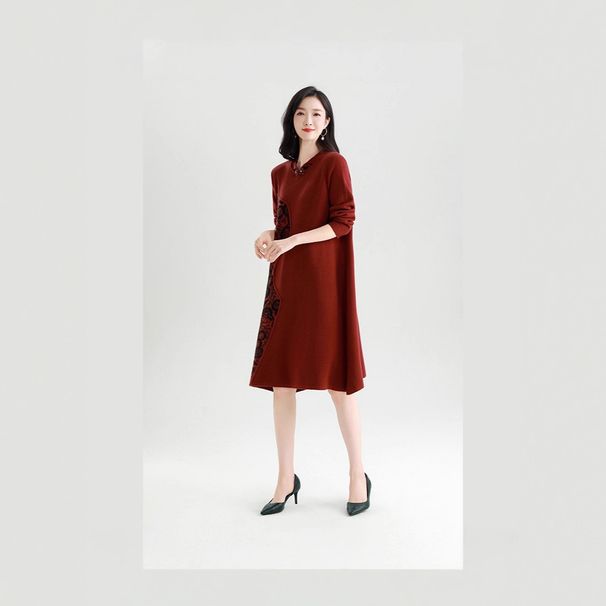 GraceChic Herbst 2025: Eleganter, mittellanger Mantel mit Rundhalsausschnitt, langen Ärmeln und Jacquard-Strickmuster – lockere Passform_voghion.com