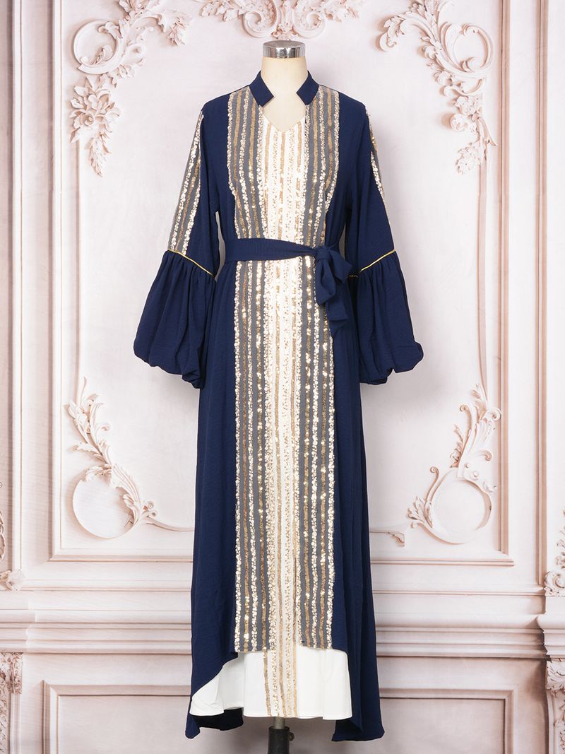 Kuwait Robe Mode Frauen Perlen Zweiteiler Set Bubble Sleeve Muslim Kleid für Frauen_voghion.com