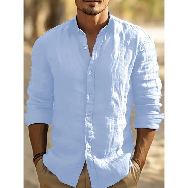 Herrenbekleidung Herren Leinen Button-Down-Hemd Sommer Strandhemd Langarm Einfarbig Stehkragen Frühling und Sommer Lässige Alltagskleidung_voghion.com