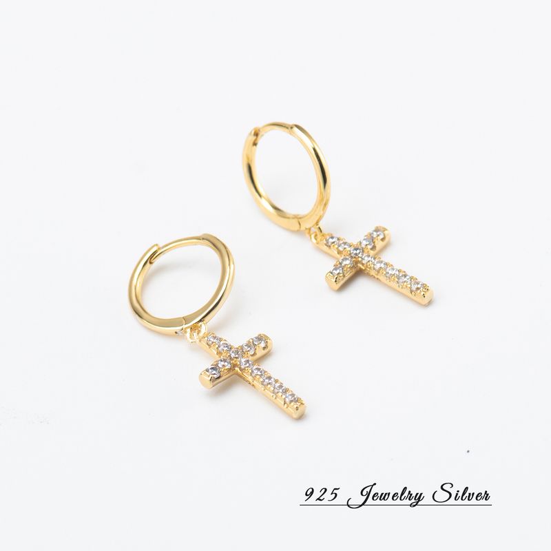 Orecchini a croce in argento Sterling S925 in stile coreano – Zirconi lisci elettroplaccati con fermagli per le orecchie sicuri_voghion.com