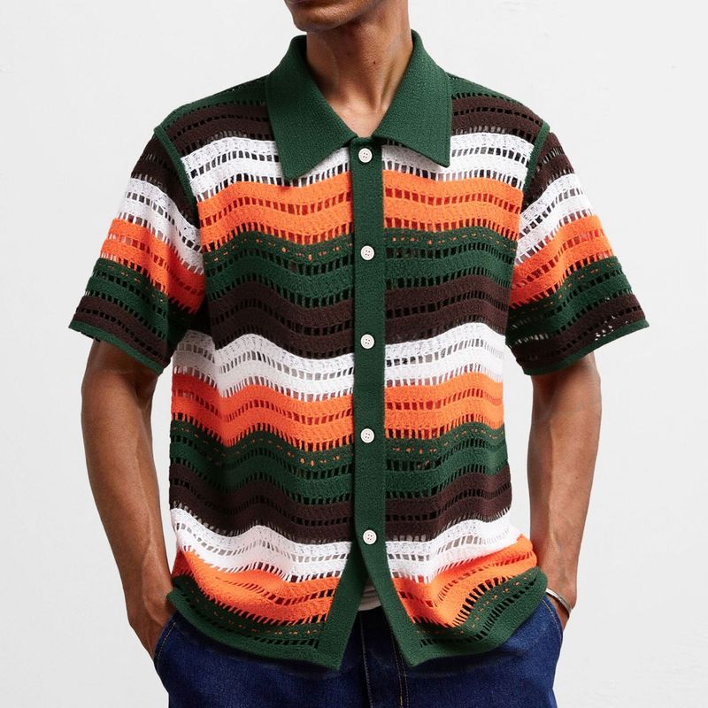 Men's Clothing Retro Striped Hollow Hook Polo Shirt Summer New Lapel Sweater_voghion.com