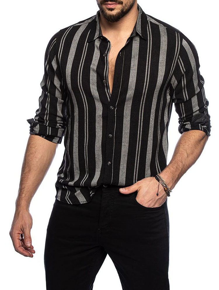 Herren Casual Langarmhemd Gestreiftes Slim Fit Top Mehrfarbiges Revers Modetrend_voghion.com