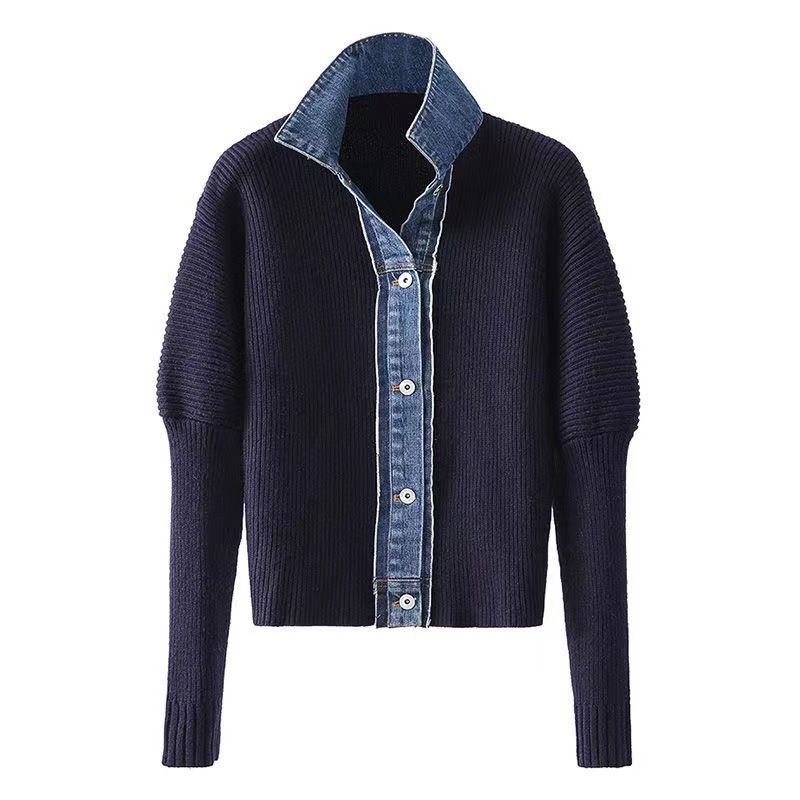 Women's Clothing Lazy style sweater women's cardigan jacket Korean version loose denim splicing knitted jacket outer wear Polo collar top_voghion.com