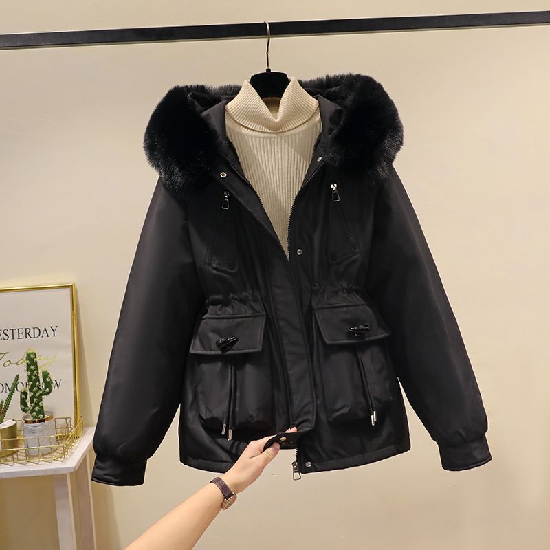 Damenbekleidung dickes kurzes Futter plus Samt schlanker großer Pelzkragen Wintermäntel Baumwollmantel trendige Jacke_voghion.com