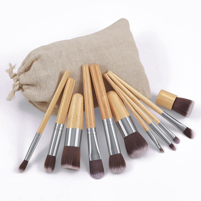 11-teiliges Make-up-Pinselset mit Stoffbeutel und Bambusgriff_voghion.com