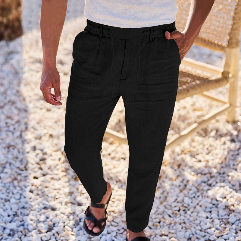 Männer Kleedung Nei Kotteng a Linnen Los Hosen Männer Riichtaus Solid Faarf Casual Zeechnen Hosen Männer_voghion.com