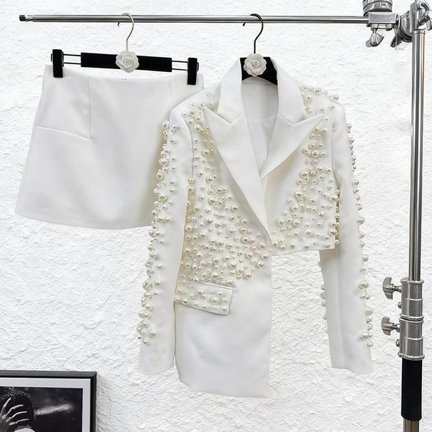 2025 Frühherbst Persönlichkeit Mode Neue Tiefe V-ausschnitt Schwere Perlen Unregelmäßigen Blazer Rock Anzug Für Frauen_voghion.com