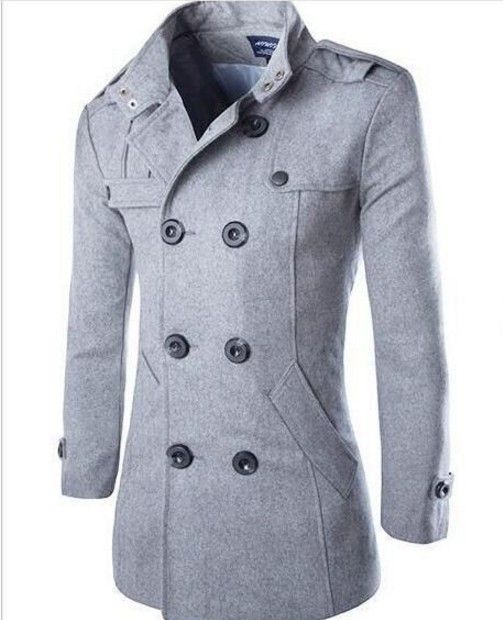 Herrenbekleidung einfarbiger großer Wollmantel trendiger zweireihiger Wollmantel für Herren Wollwindjacke für Herren_voghion.com