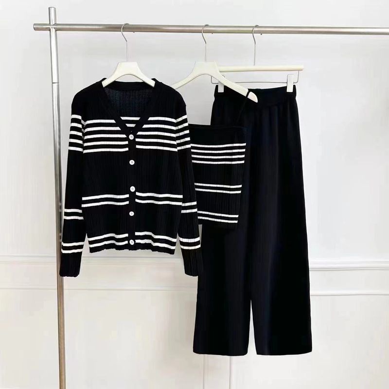 Women's Clothing Pure Desire Striped Suspender Sunscreen Cardigan Three piece Set Sexy Temperament All match Knitted Sweater Tops Women_voghion.com