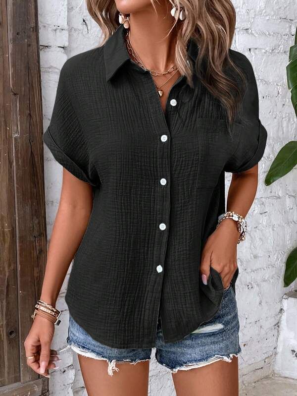 Women's Clothing Shirts Solid Color Casual Bat Sleeve Button Shirts For Women_voghion.com