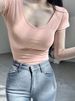 hot selling 2024 Vrouwen Sho Mouwen T-shi V Hals Zwart Wit Tshi Vrouwelijke Basic Effen Kleur Skinny Top Tees Zomer Bottoming_voghion.com