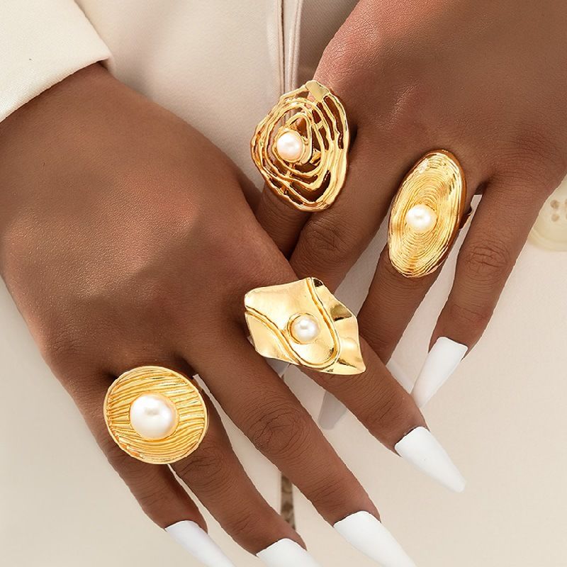 Fashionable Boho Pearl Flower Ring Set - 4PCS Stackable Geometric Statement Rings For Women, Trendy Hollow-Out Design, Ins Style Jewelry Gift_voghion.com