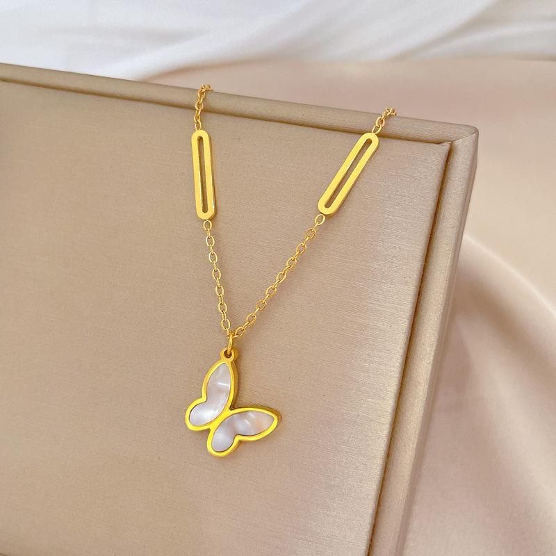 Collares elegantes con colgante de mariposa y concha de acero inoxidable para mujer, accesorios de moda, joyería y regalos._voghion.com