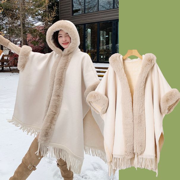 Women's Shawls Shawl Autumn And Winter New Solid Color Cloak Thick Warm Coat Plus Velvet Enlarged Fur Collar Hooded Cloak Versatile_voghion.com