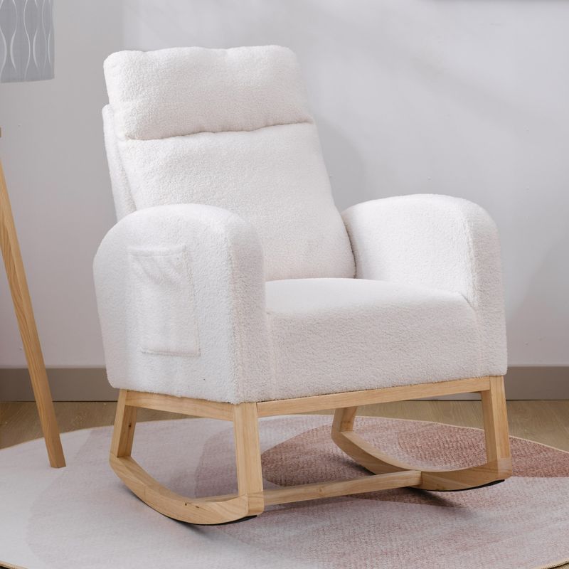 Modern Accent Rocking Chair, Upholstered Glider Rocker, With Side Pocket, Living Room Lounge Chair With High Backrest (White,teddy)_voghion.com