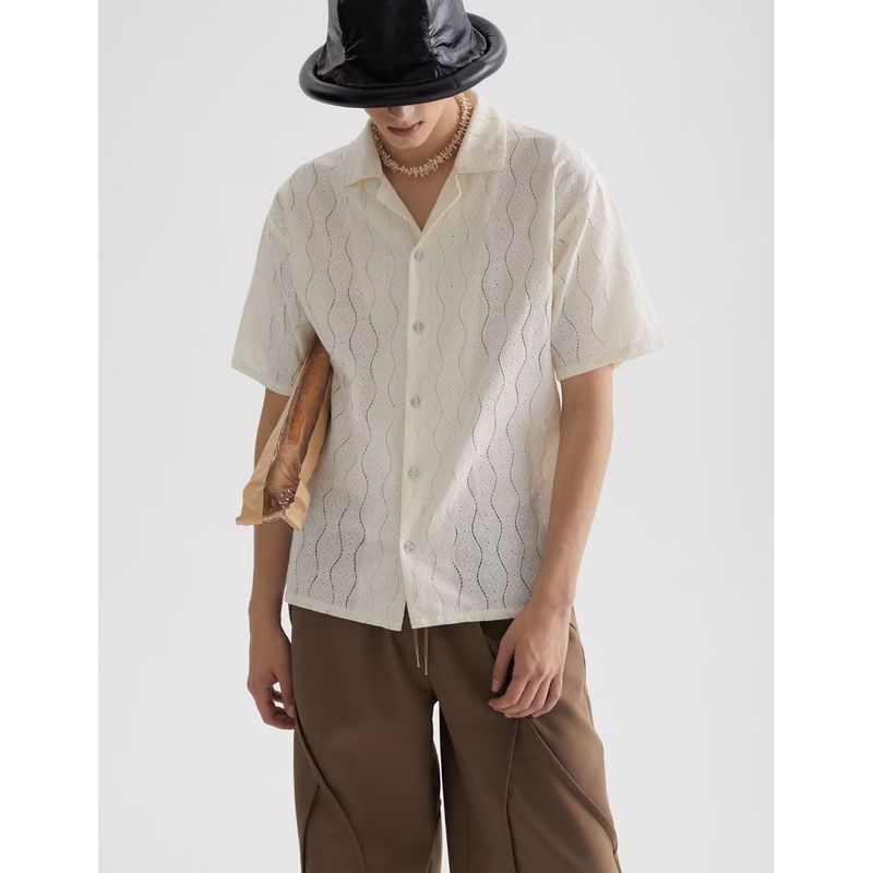 Cardigan d'été en soie glacée pour homme, col cubain, manches courtes, style décontracté, idéal pour la plage_voghion.com