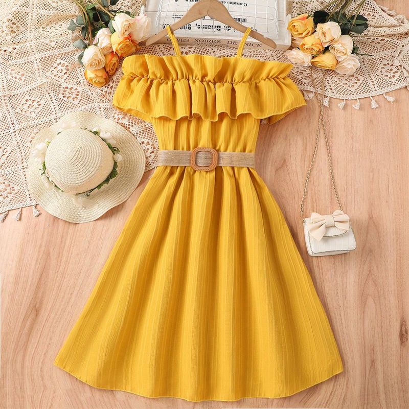 Mother&Kids Girls' skirt one-line shoulder strap patchwork lace dress for girls_voghion.com