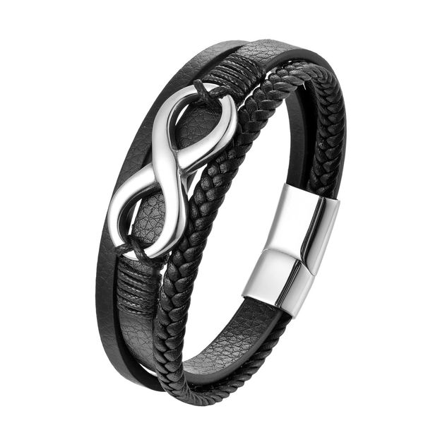 Bracciale da uomo in pelle nera a forma di 8 in acciaio inossidabile fatto a mano con corda rotonda, bracciale da uomo in pelle a forma di 8_voghion.com