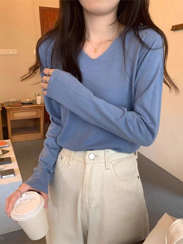 Biały sweter z dekoltem w serek, luźny, długi rękaw, dzianinowy, damski, na wiosnę i jesień, miękki sweter wysokiej jakości, warstwa wewnętrzna, niski_voghion.com