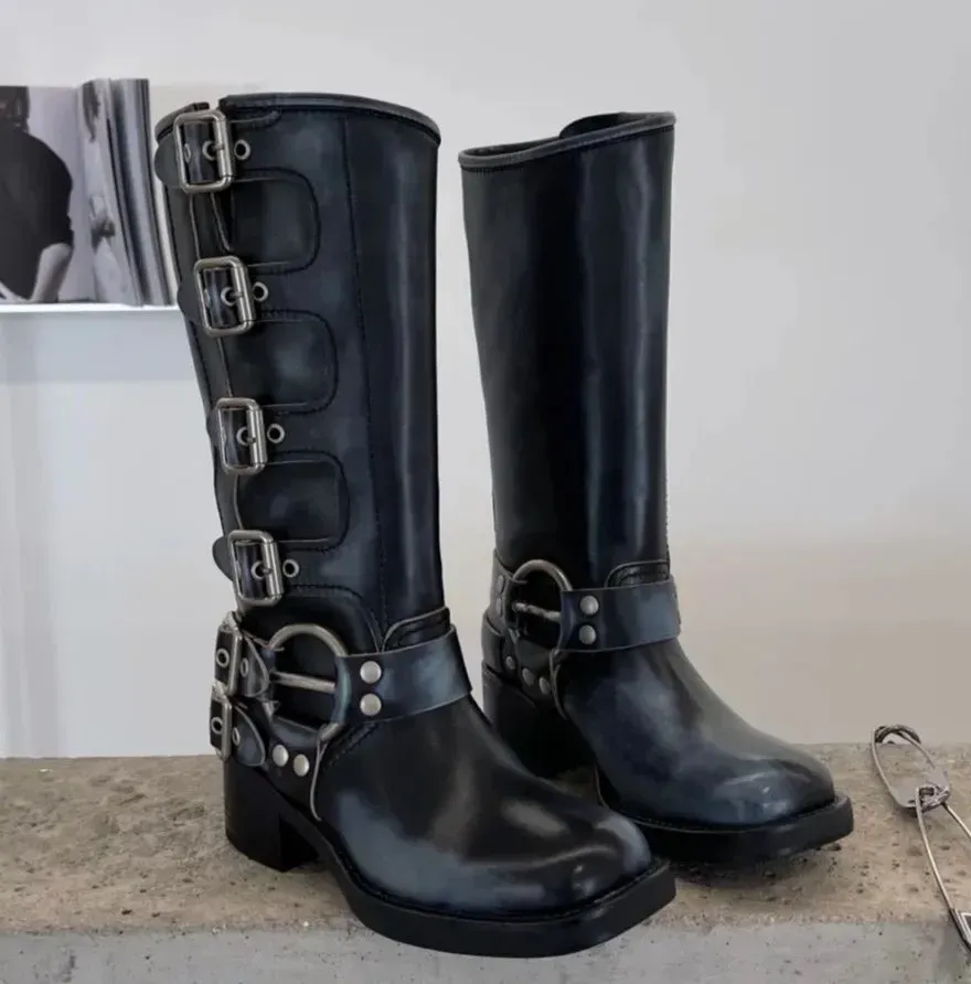Leather Thick Heel Cap Toe Knee Bootie Belt Buckle Cowhide Slip-On Motorcycle Women Outdoor Shoe Deigner Combat_voghion.com