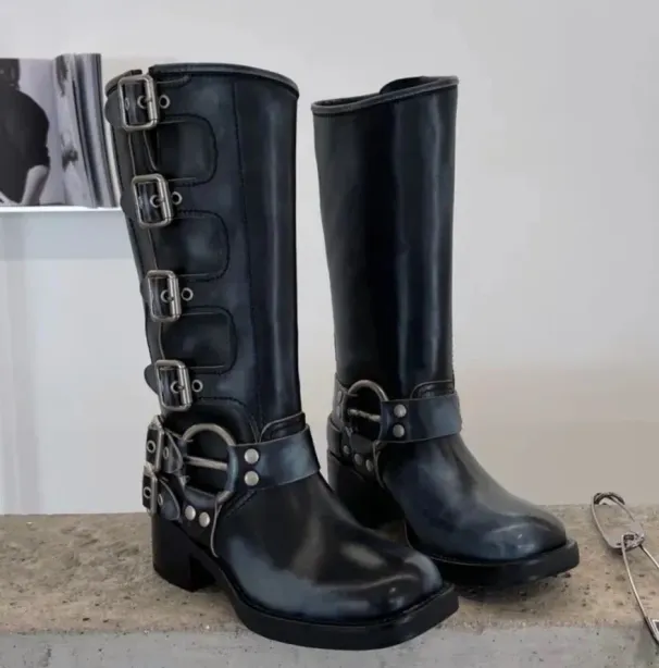 Leather Thick Heel Cap Toe Knee Bootie Belt Buckle Cowhide Slip-On Motorcycle Women Outdoor Shoe Deigner Combat_voghion.com