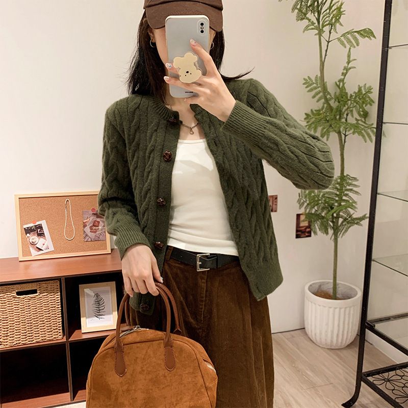 Herbstmantel Damen grün locker Fried Dough Twists Strickjacke Lazy Style Korean Kurzmode Pullover S_voghion.com