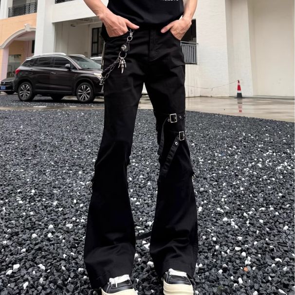 Men's Retro Lace-Up Black Stretch Cargo Jeans - High-Waisted Slim Fit Bootcut Pants For Spring & Summer_voghion.com