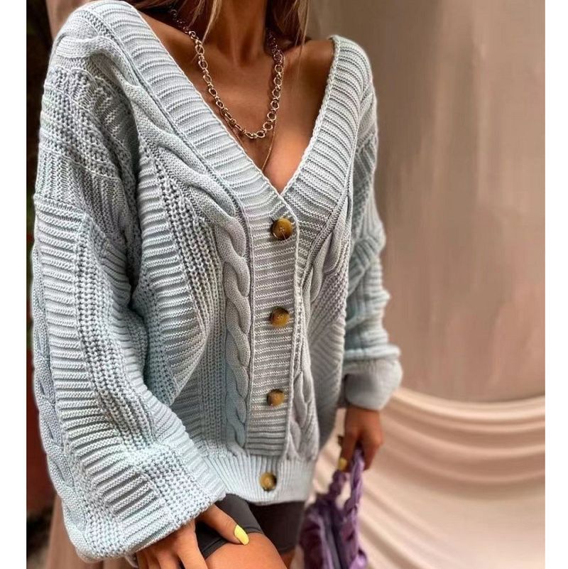 Cardigan in maglia con maniche a lanterna da donna - Cappotto oversize con scollo a V per autunno e inverno_voghion.com