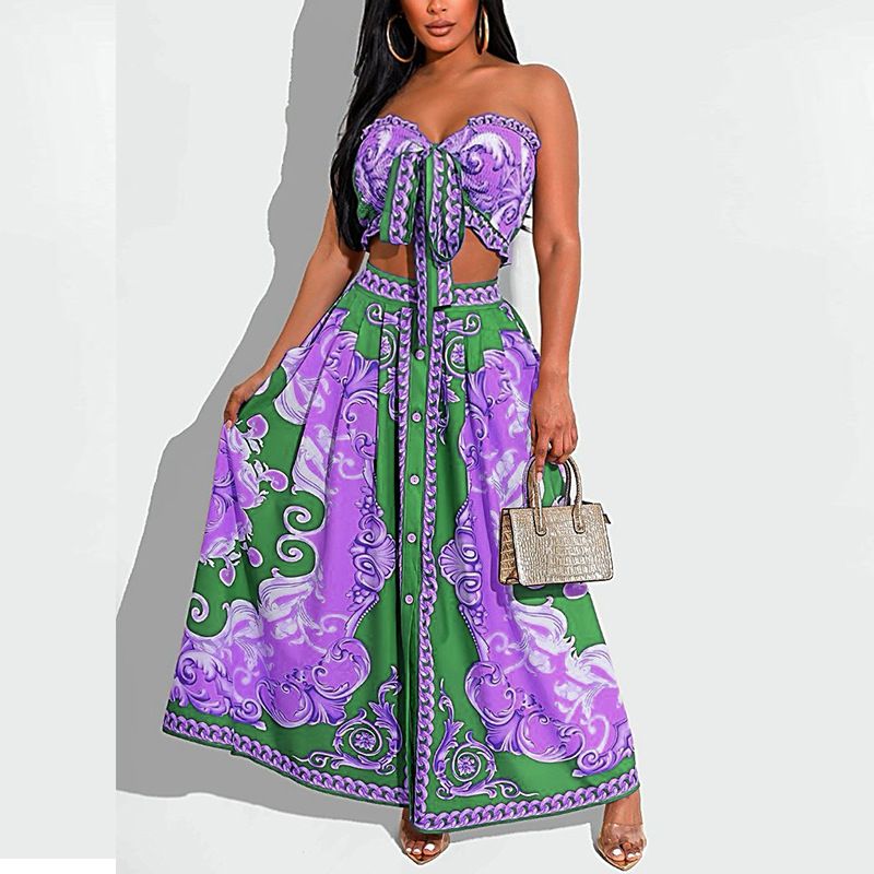 Damenbekleidung Casual Sexy Chest Wrap Riemchenrock Print Rock Anzüge Set_voghion.com