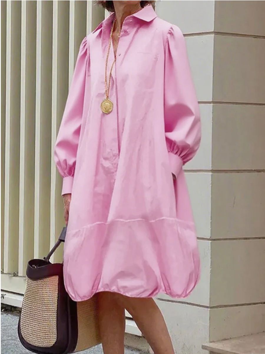 Elegantes Button-Down-Hemdkleid für Damen – vielseitige Tunika aus Baumwollmischung mit Laternenärmeln und fließender Silhouette, perfekt fürs Büro und die Freizeit_voghion.com