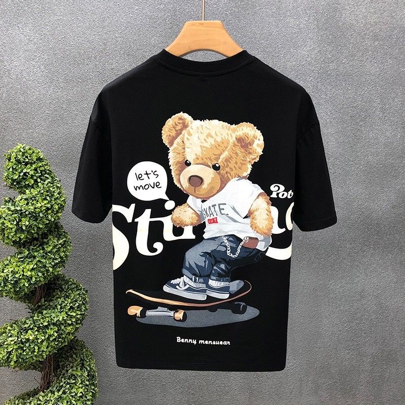 Cartoon Bear Printed Short-sleeved T-shirt Men's Summer New Cyber Popular Same Style Fashionable Brand All-match Casual Youth Base Shirt_voghion.com