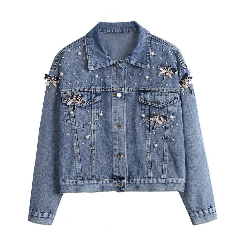 ​​Women's Embroidered Denim Jacket – Heavyweight Vintage Dragonfly Beaded Loose Fit Long Sleeve Coat (Black & Denim Blue, M-XL)​​_voghion.com