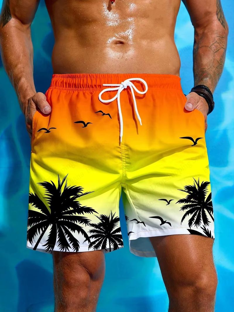 Pantaloncini da spiaggia con motivo retrò a piante da uomo, pantaloncini da bagno estivi con motivo a cocco 3D, pantaloncini larghi da spiaggia_voghion.com