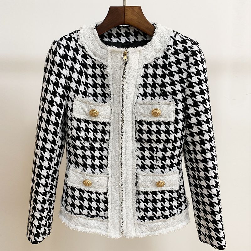 Dames Pied-de-poule tweedjas - Herfst/Winter korte jas met ronde hals en ritsdetail (Europese stijl, franje)_voghion.com